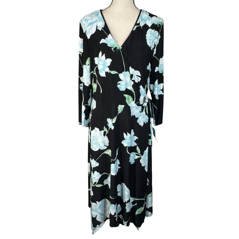 INC X-Large Midi Wrap Dress Floral Belted Stretch Surplice V-Neck Asymmetrical